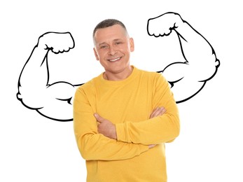 Image of Confident man with drawing of strong arms behind him on white background