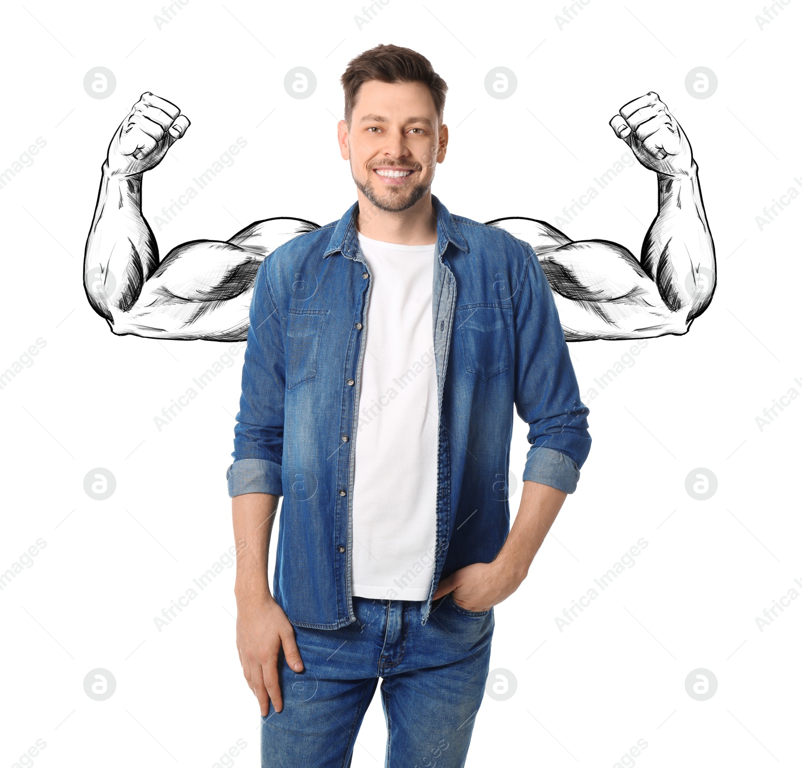 Image of Happy man with drawing of strong arms behind him on white background