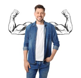 Happy man with drawing of strong arms behind him on white background