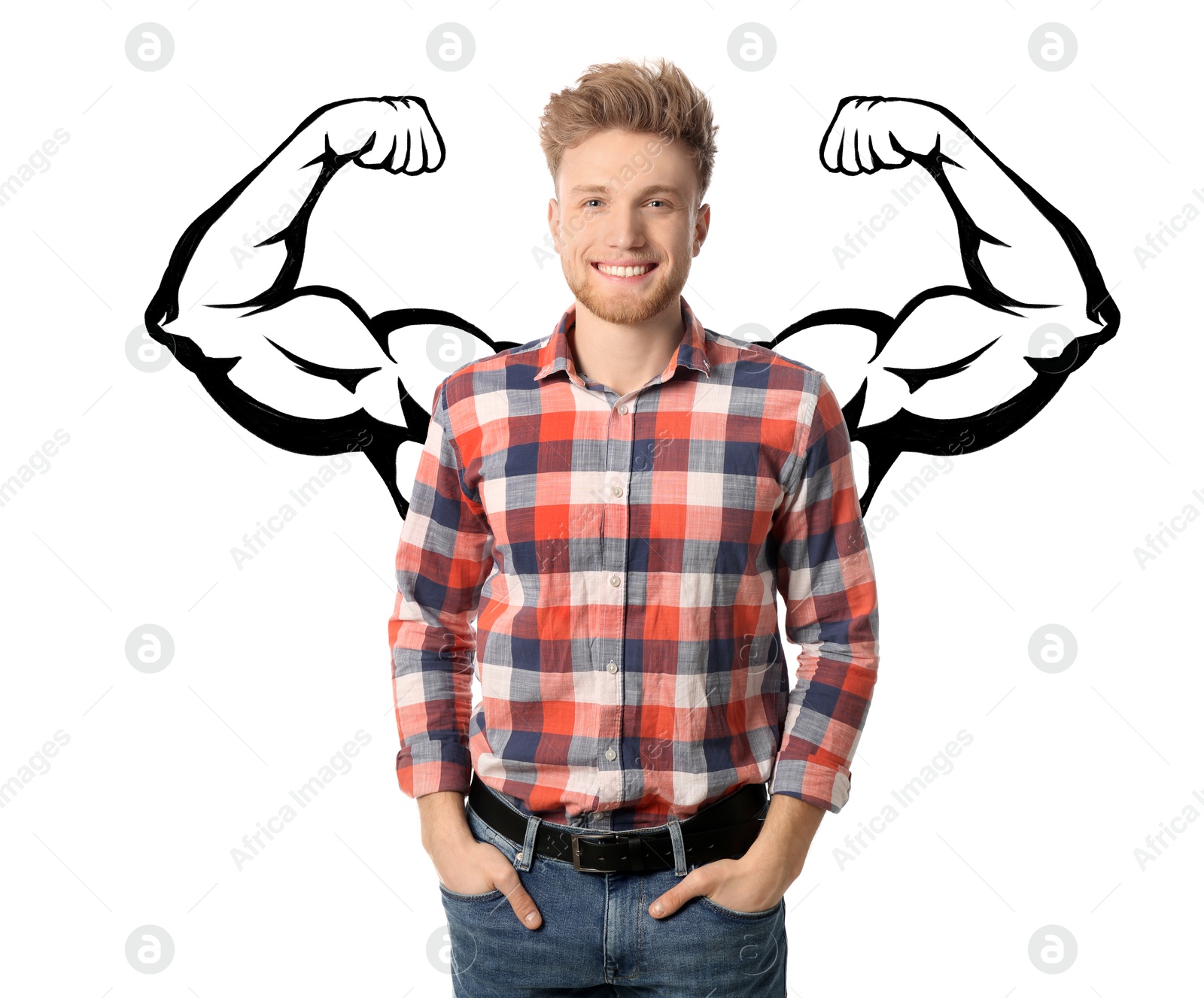 Image of Confident man with drawing of strong arms behind him on white background