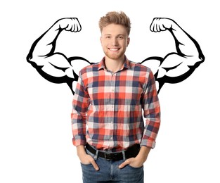 Image of Confident man with drawing of strong arms behind him on white background