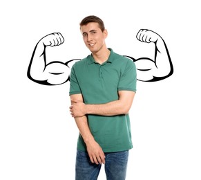 Image of Happy man with drawing of strong arms behind him on white background