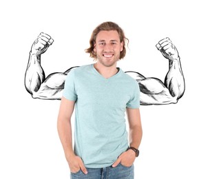 Image of Confident man with drawing of strong arms behind him on white background