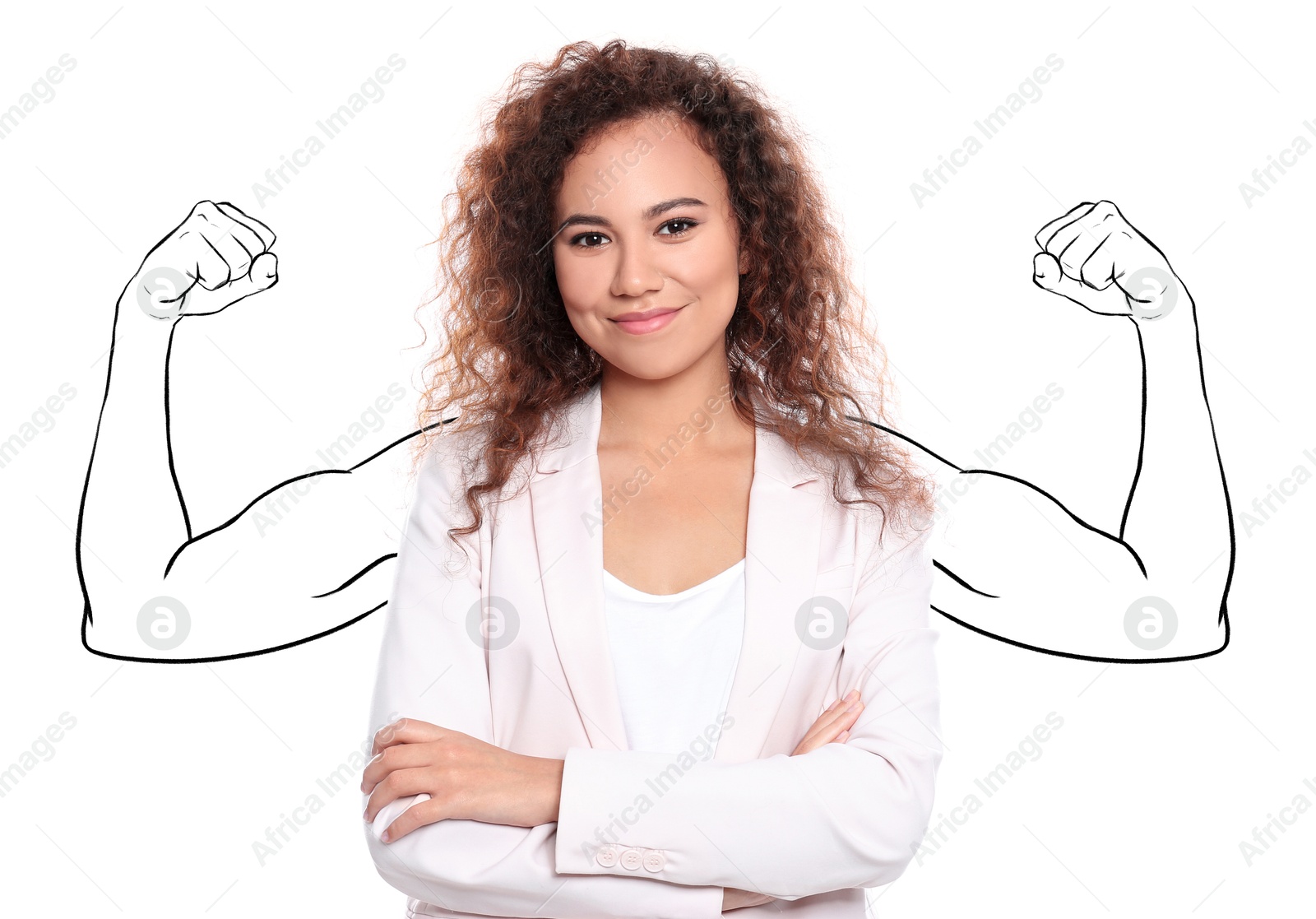 Image of Confident woman with drawing of strong arms behind her on white background