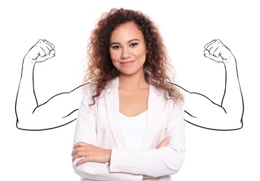 Image of Confident woman with drawing of strong arms behind her on white background