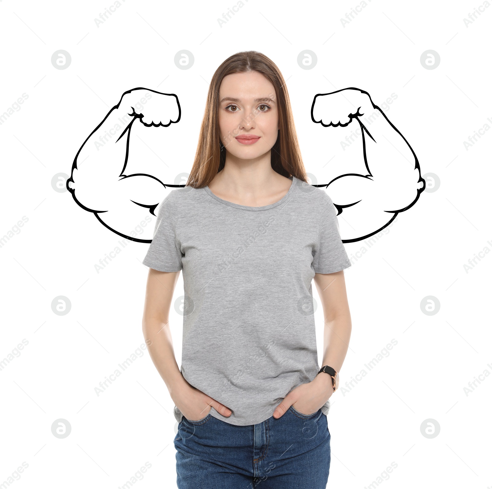 Image of Confident woman with drawing of strong arms behind her on white background