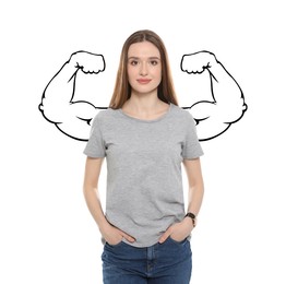 Confident woman with drawing of strong arms behind her on white background