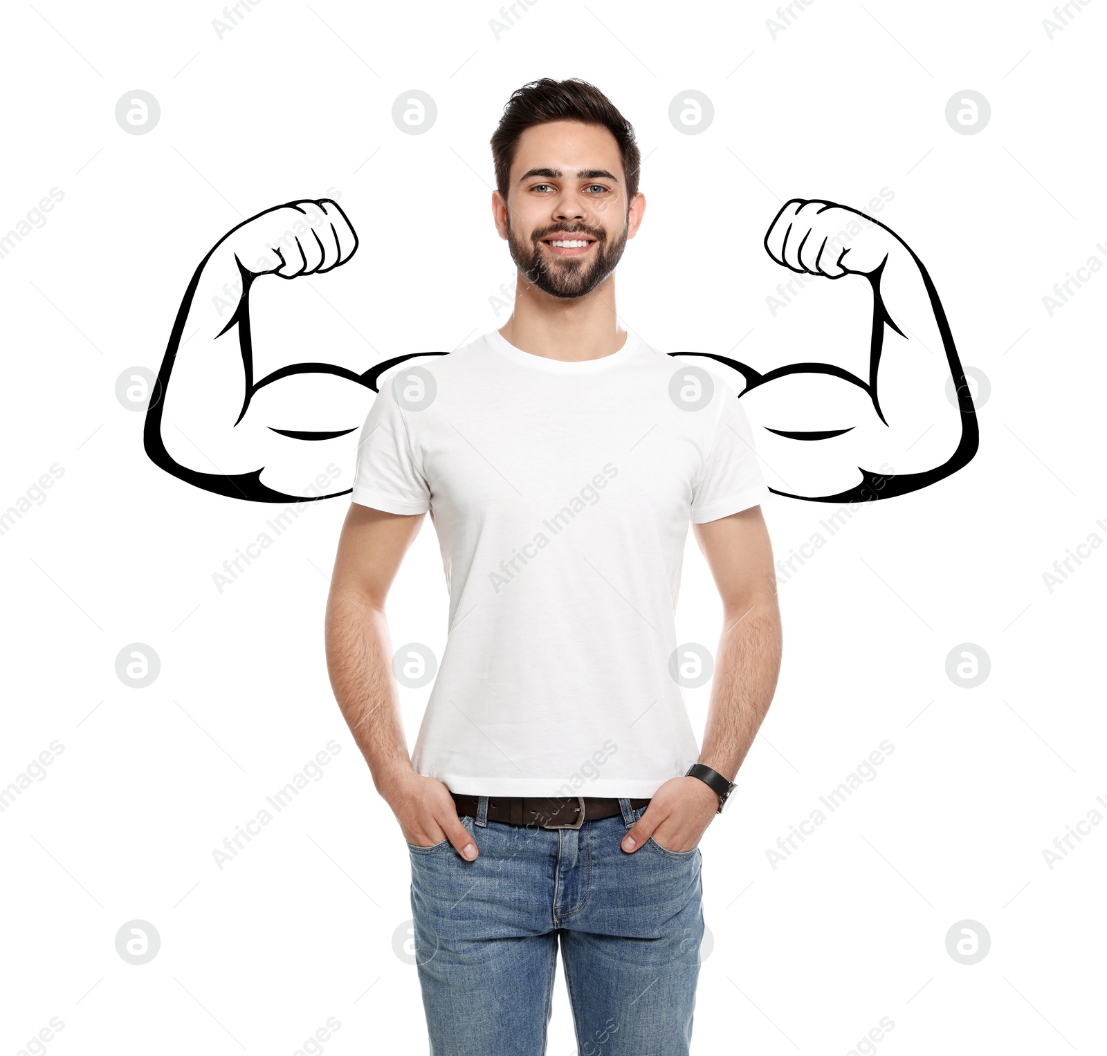 Image of Confident man with drawing of strong arms behind him on white background