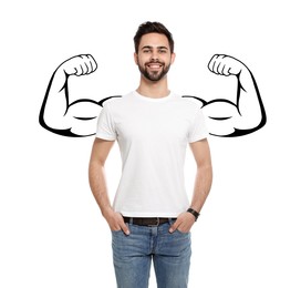 Image of Confident man with drawing of strong arms behind him on white background