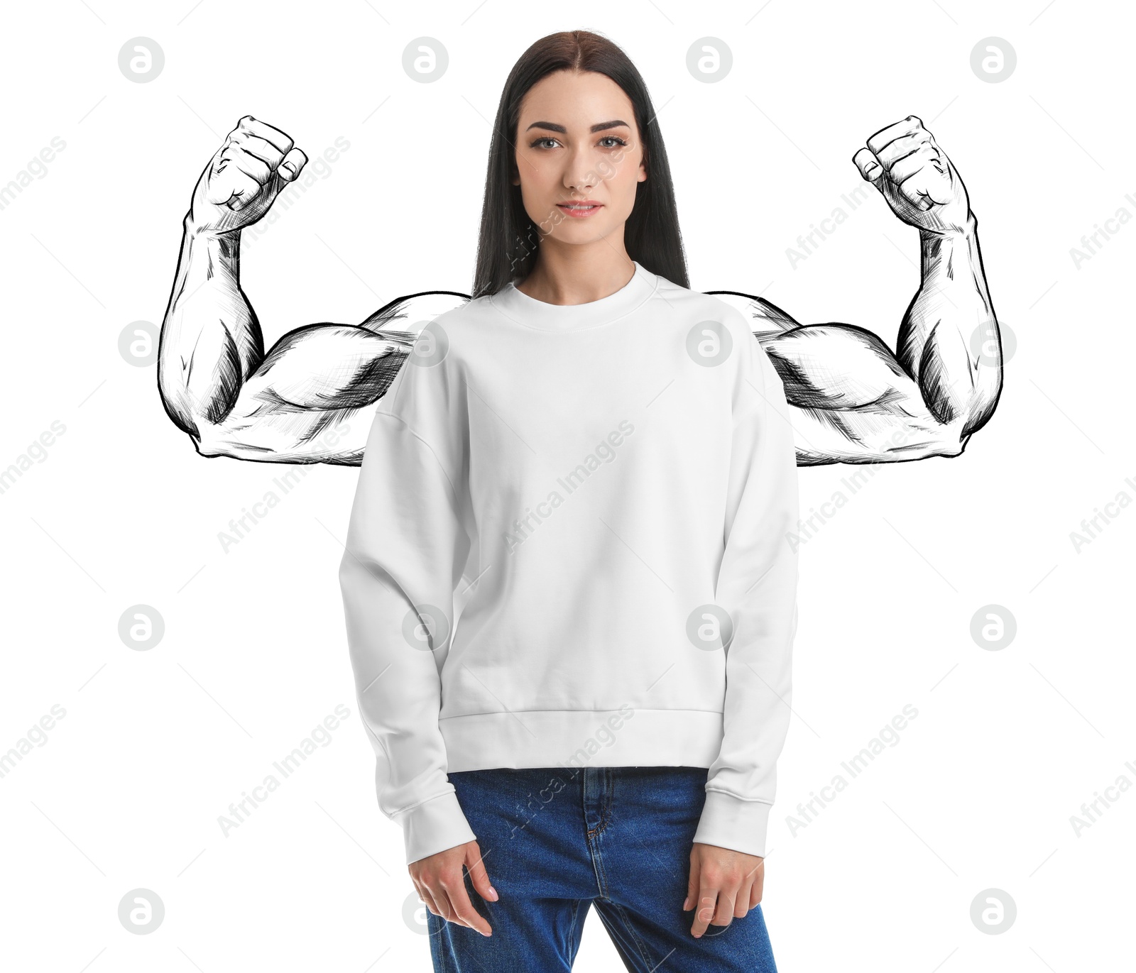 Image of Confident woman with drawing of strong arms behind her on white background