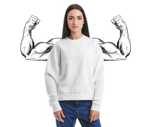 Confident woman with drawing of strong arms behind her on white background