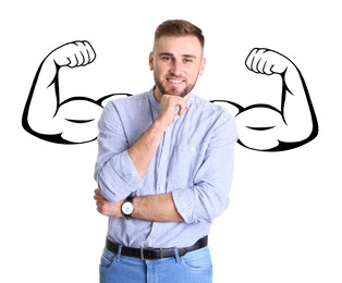 Image of Happy man with drawing of strong arms behind him on white background