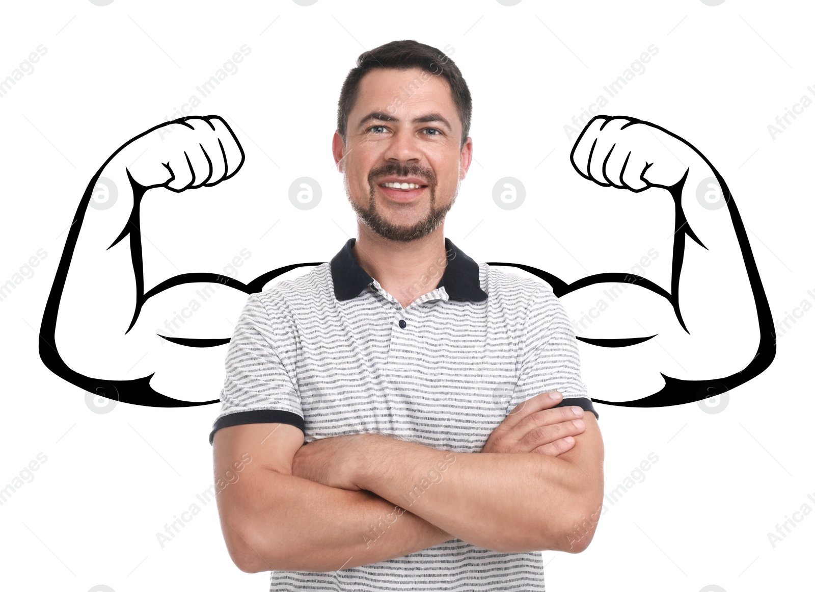 Image of Confident man with drawing of strong arms behind him on white background