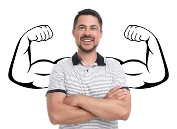 Image of Confident man with drawing of strong arms behind him on white background