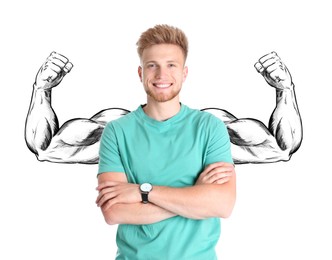 Image of Confident man with drawing of strong arms behind him on white background