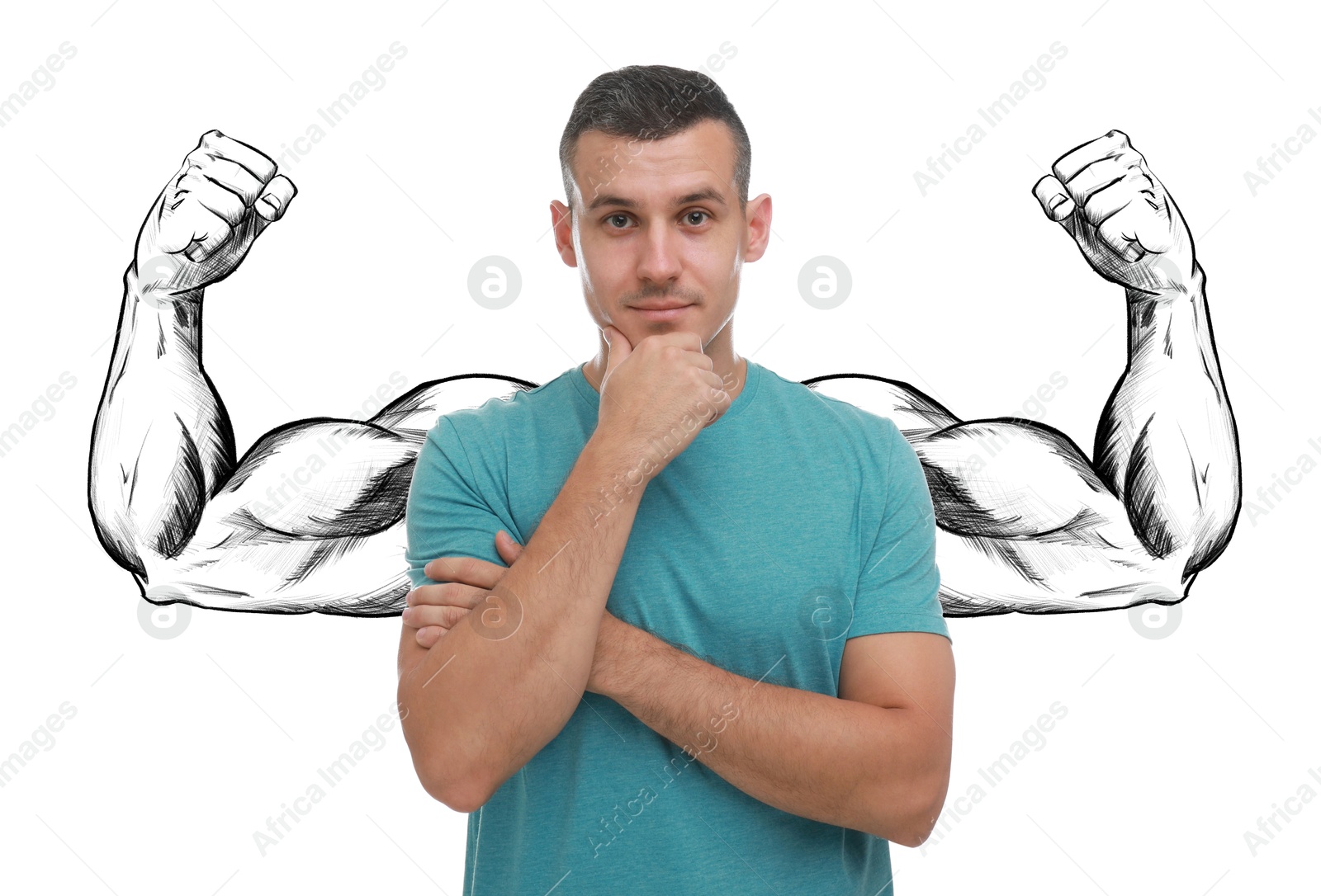 Image of Handsome man with drawing of strong arms behind him on white background