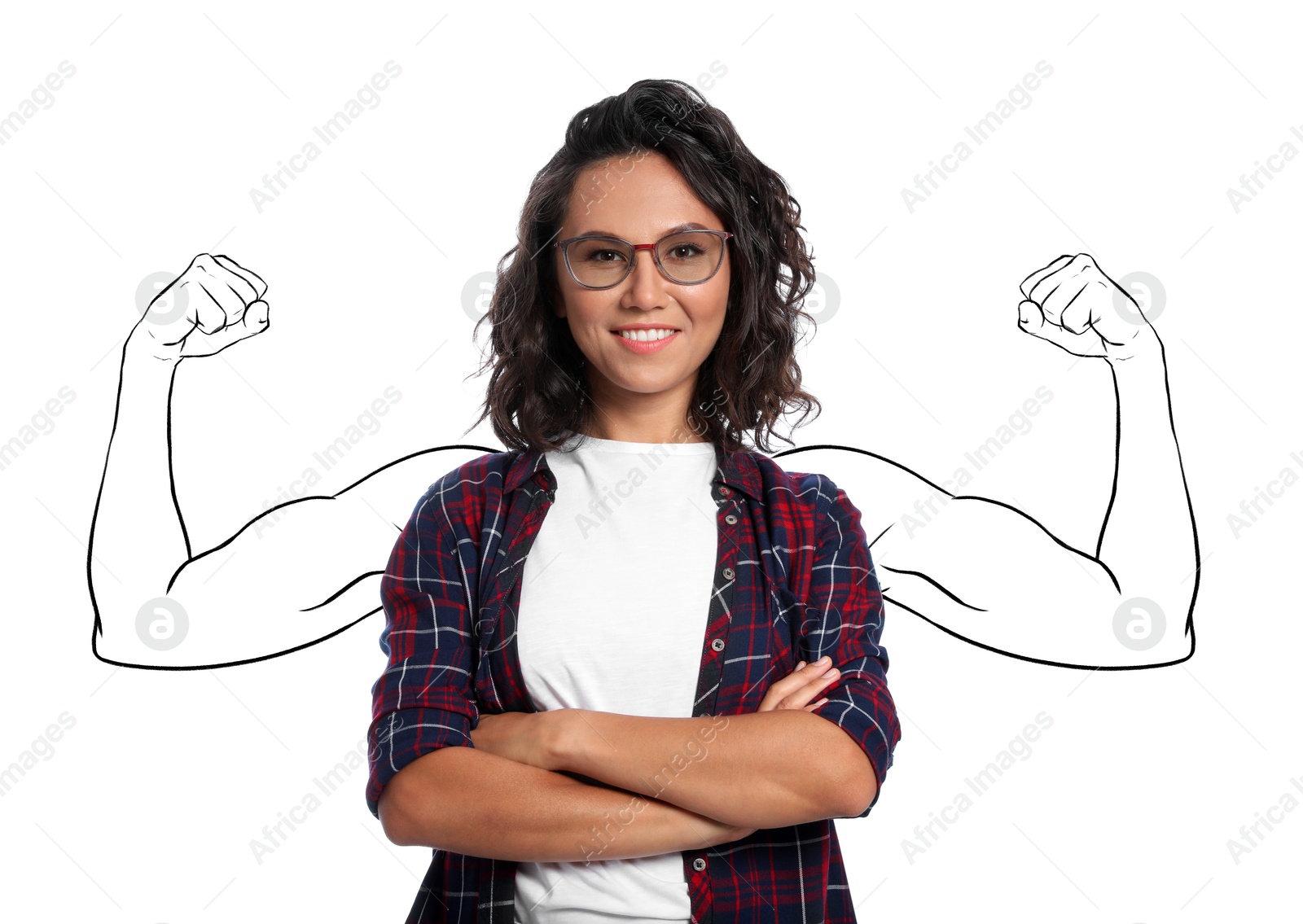 Image of Confident woman with drawing of strong arms behind her on white background