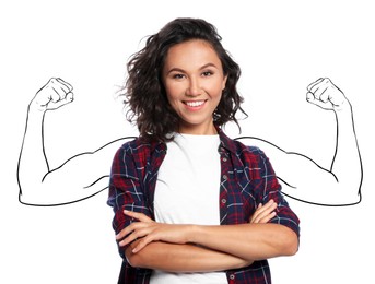 Image of Confident woman with drawing of strong arms behind her on white background