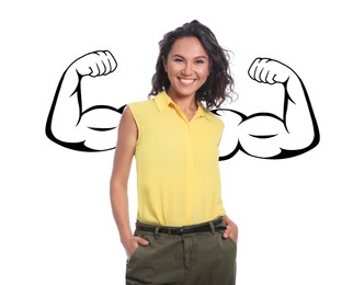 Image of Confident woman with drawing of strong arms behind her on white background