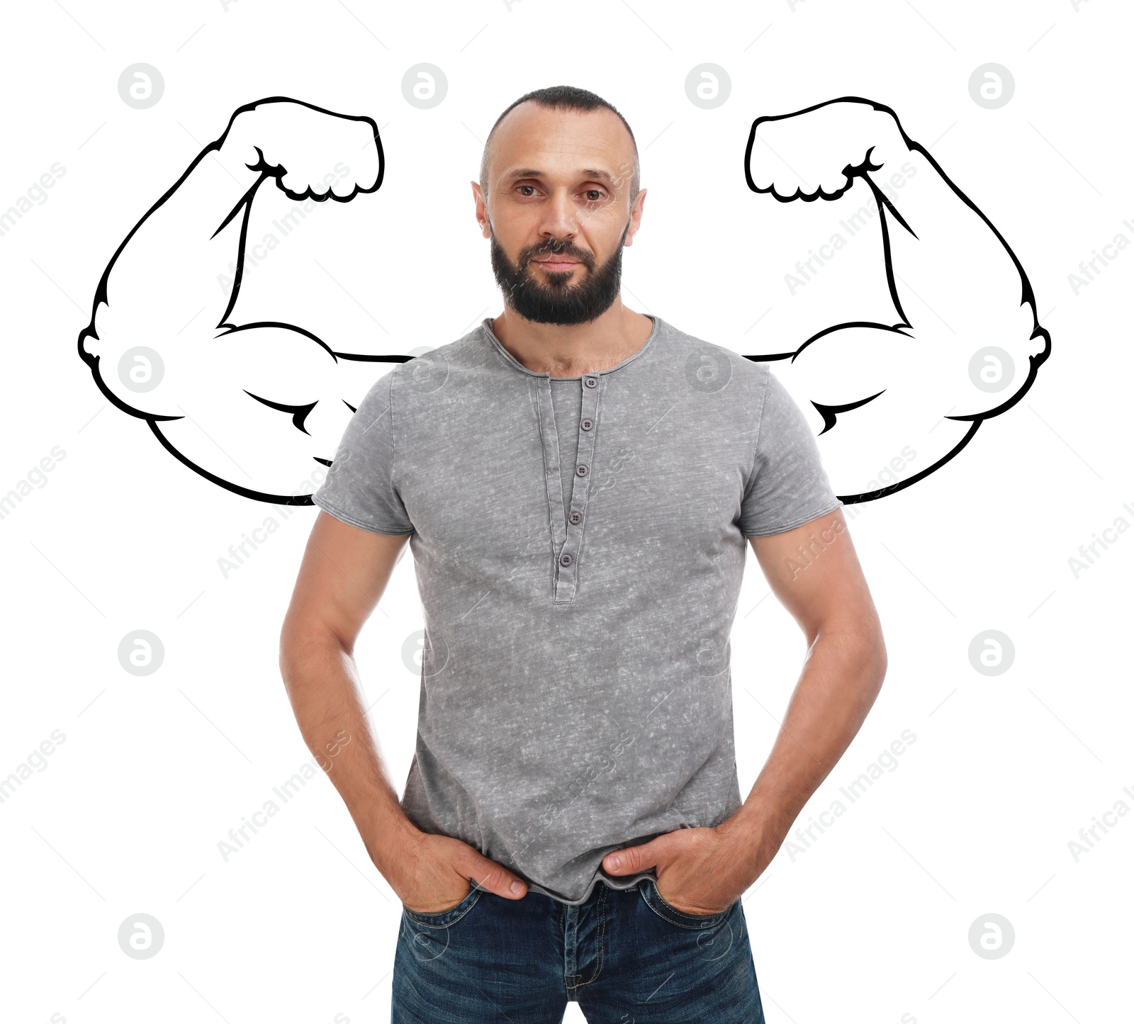 Image of Confident man with drawing of strong arms behind him on white background