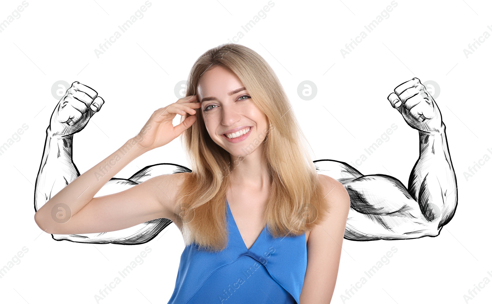 Image of Happy woman with drawing of strong arms behind her on white background