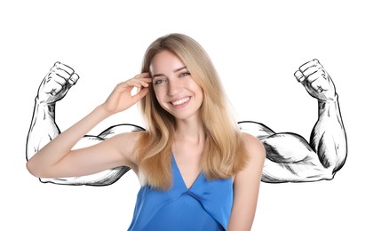 Image of Happy woman with drawing of strong arms behind her on white background