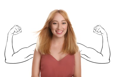 Image of Happy woman with drawing of strong arms behind her on white background