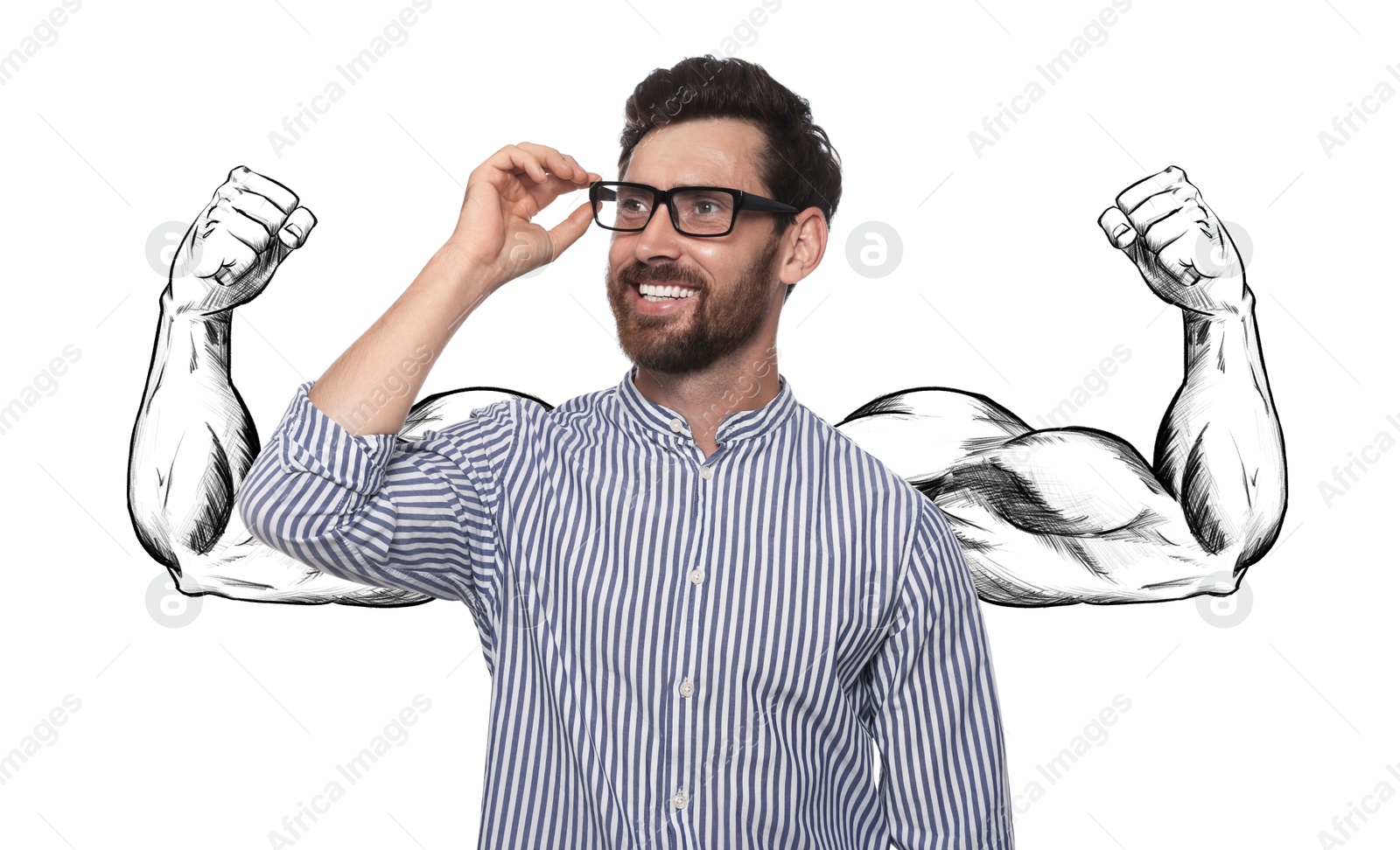 Image of Happy man with drawing of strong arms behind him on white background