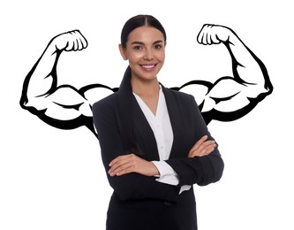 Image of Confident woman with drawing of strong arms behind her on white background