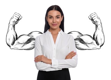 Image of Confident woman with drawing of strong arms behind her on white background