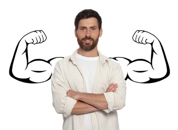 Image of Confident man with drawing of strong arms behind him on white background