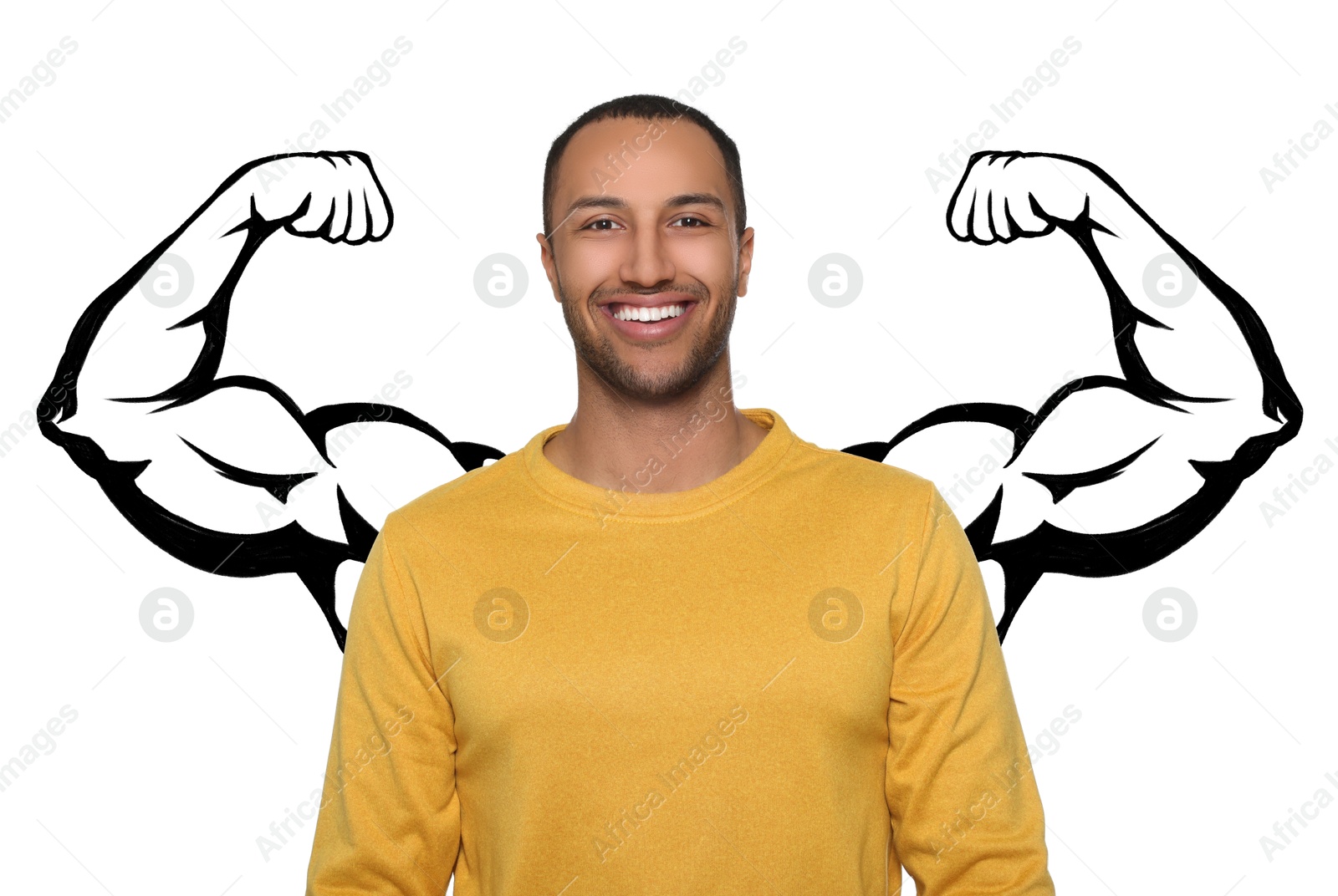 Image of Happy man with drawing of strong arms behind him on white background