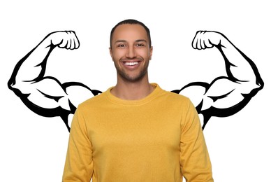 Image of Happy man with drawing of strong arms behind him on white background