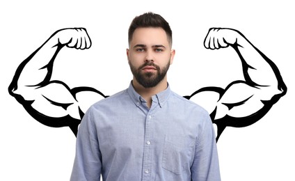 Image of Confident man with drawing of strong arms behind him on white background