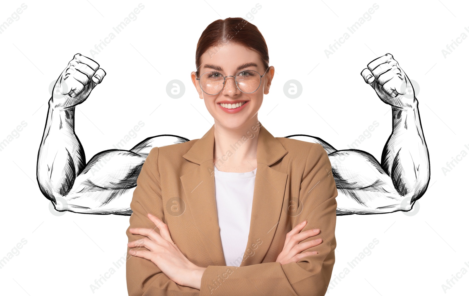 Image of Confident business woman with drawing of strong arms behind her on white background