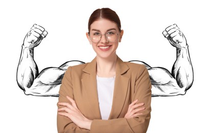 Image of Confident business woman with drawing of strong arms behind her on white background