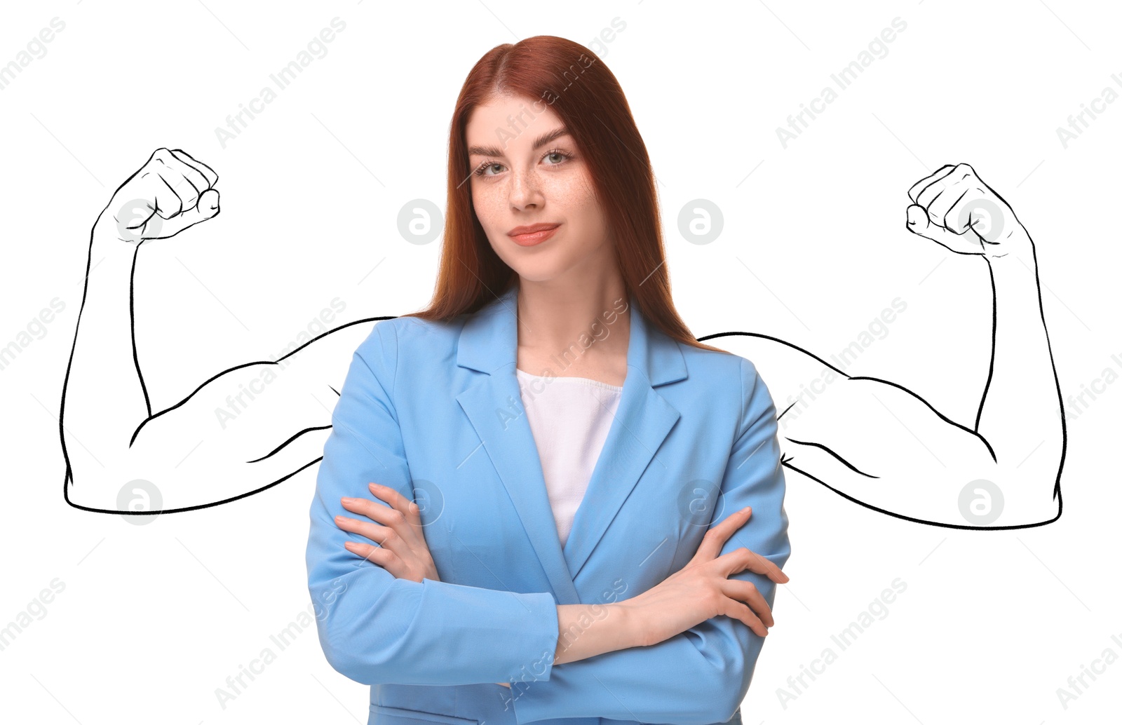 Image of Confident business woman with drawing of strong arms behind her on white background