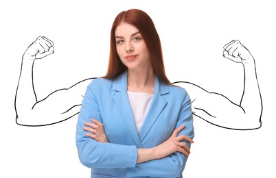 Confident business woman with drawing of strong arms behind her on white background