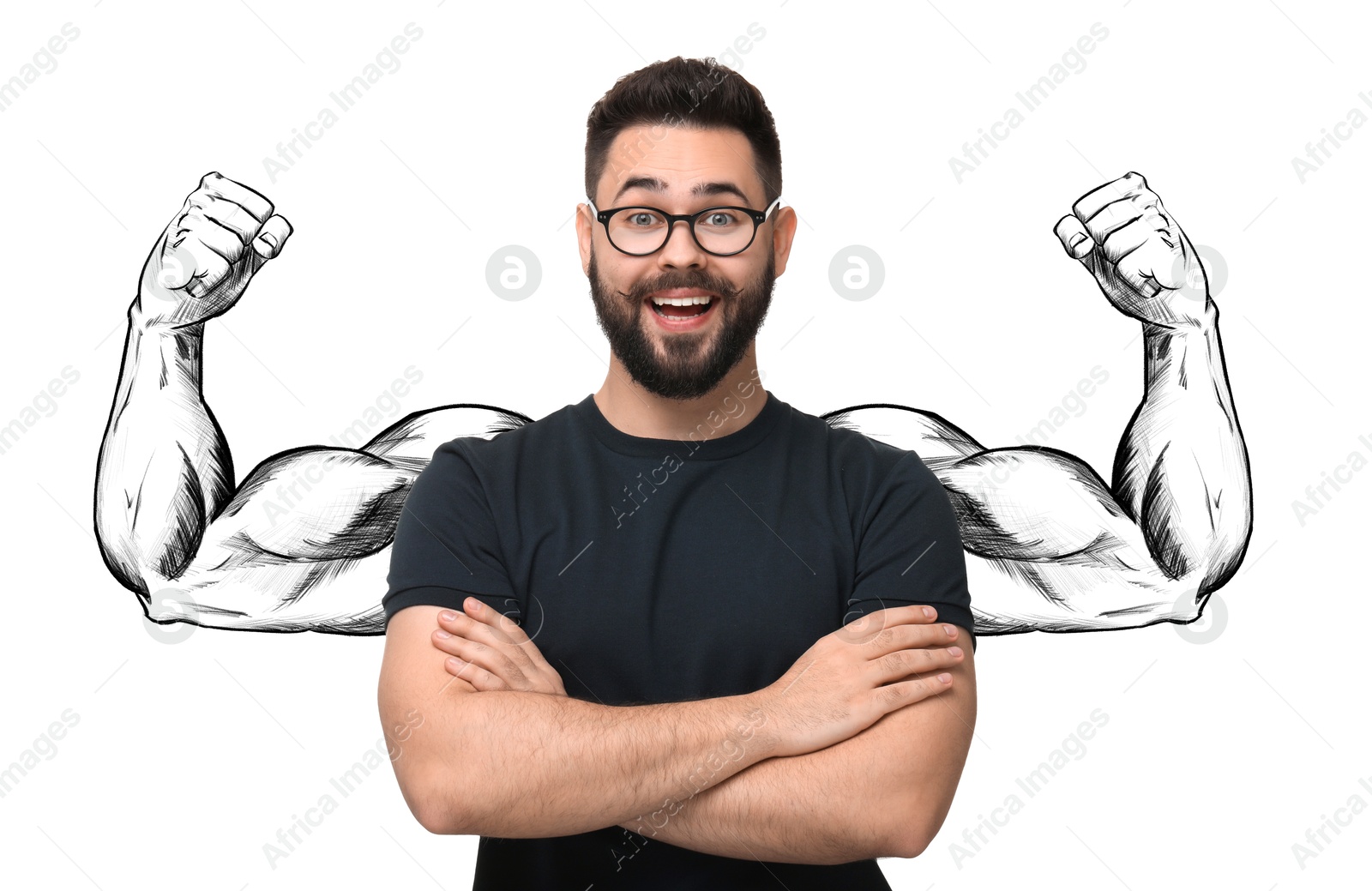 Image of Confident man with drawing of strong arms behind him on white background