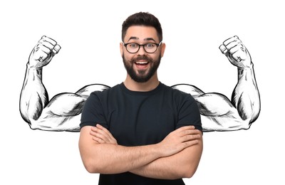 Image of Confident man with drawing of strong arms behind him on white background