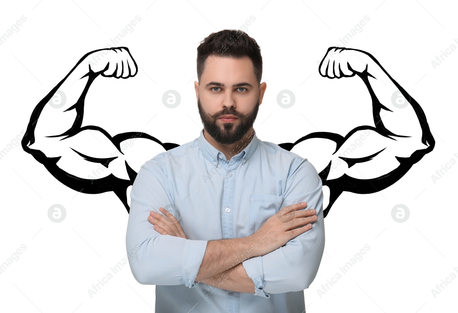 Image of Confident man with drawing of strong arms behind him on white background