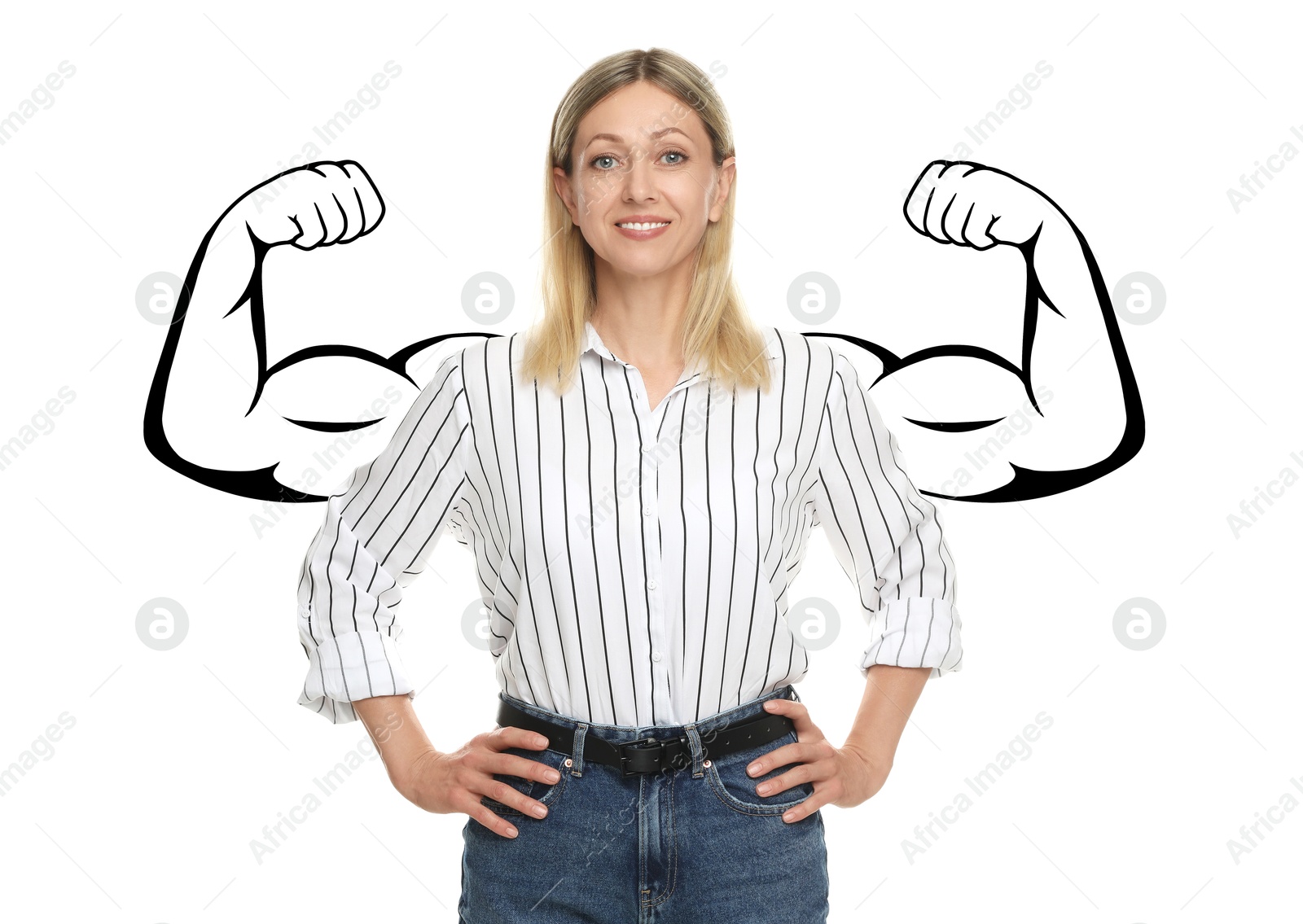 Image of Confident woman with drawing of strong arms behind her on white background