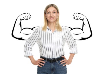 Image of Confident woman with drawing of strong arms behind her on white background