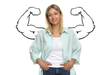 Image of Confident woman with drawing of strong arms behind her on white background