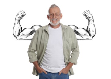 Image of Confident man with drawing of strong arms behind him on white background