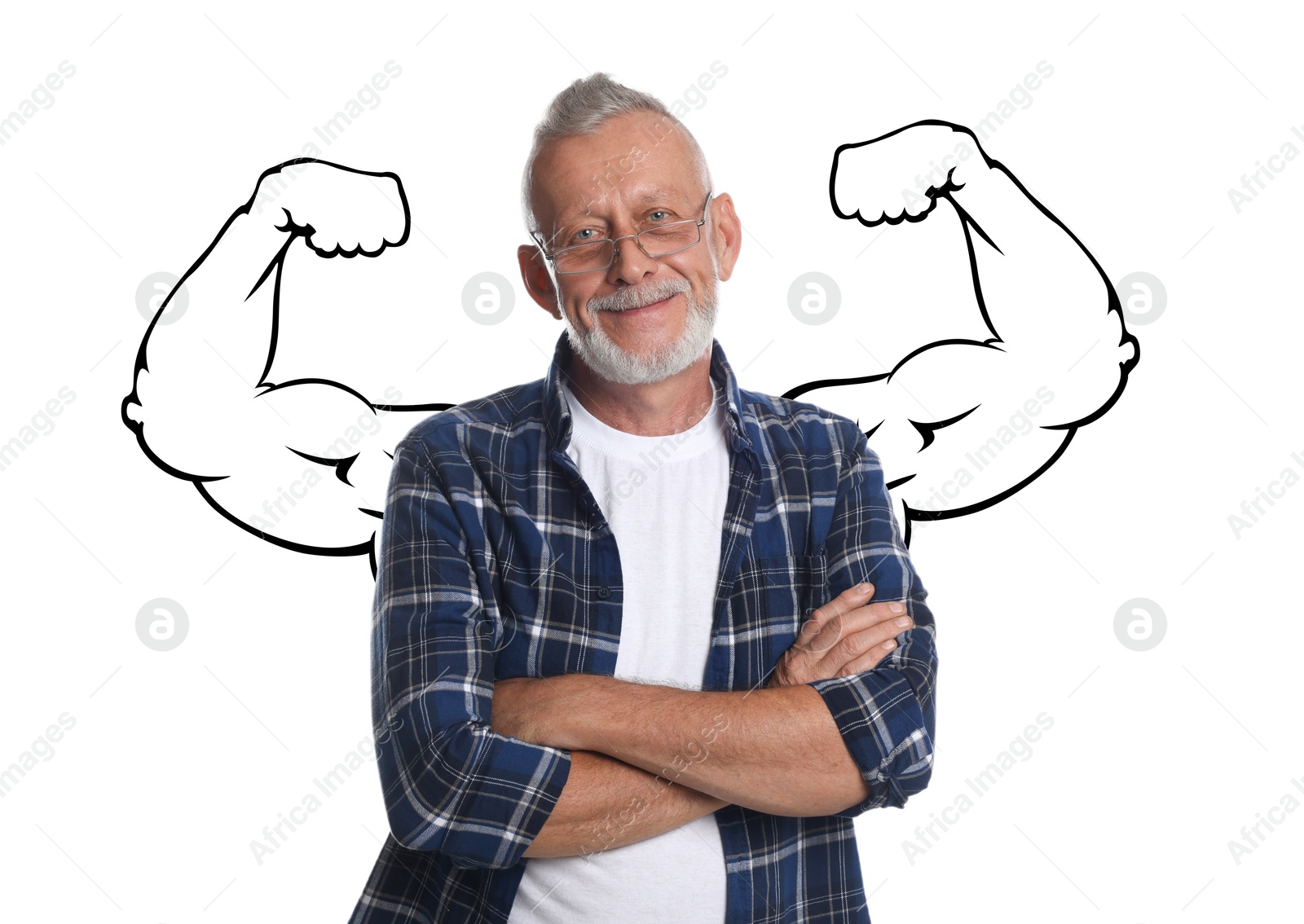 Image of Confident man with drawing of strong arms behind him on white background