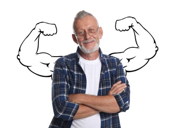 Image of Confident man with drawing of strong arms behind him on white background