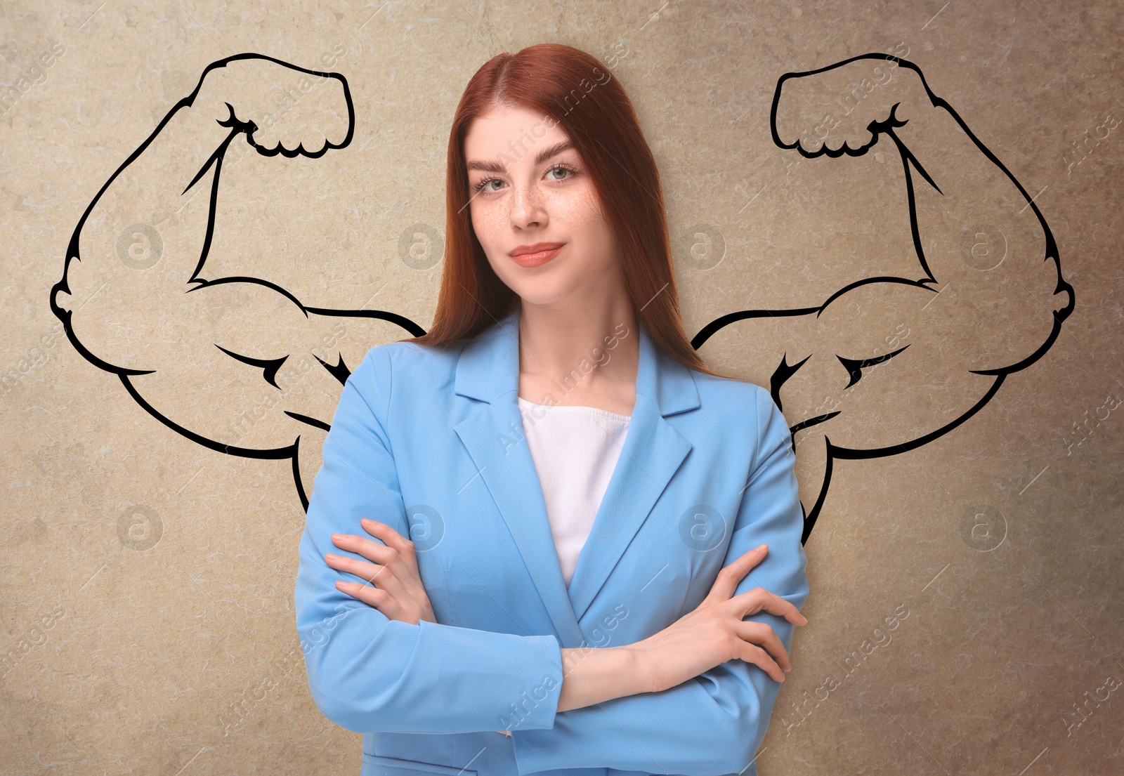 Image of Confident woman with drawing of strong arms behind her on beige background