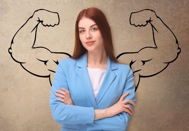 Confident woman with drawing of strong arms behind her on beige background