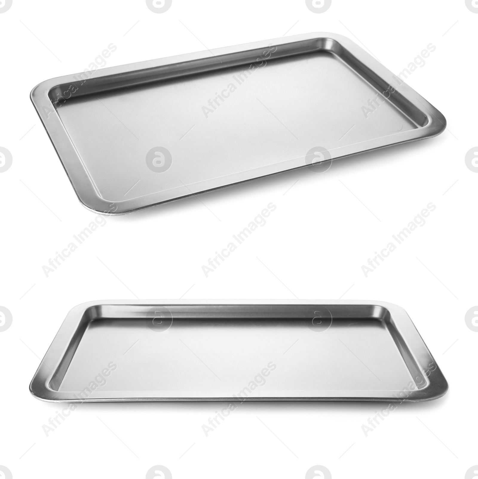 Image of Baking tray on white background, collage. Bakeware